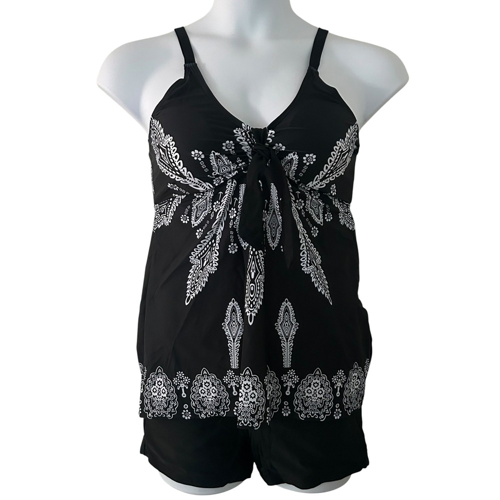 Womens Tankini Boy Short Two-Piece Padded Adjustable Black White Swimsuit Large